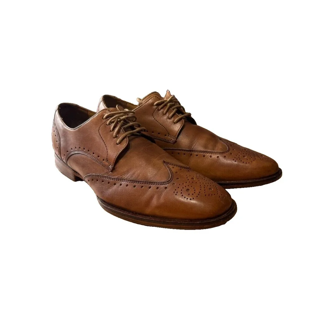 Cole Haan Mens Tan Leather Wingtip Brogue Oxford Dress Shoes Lace Up Size 9